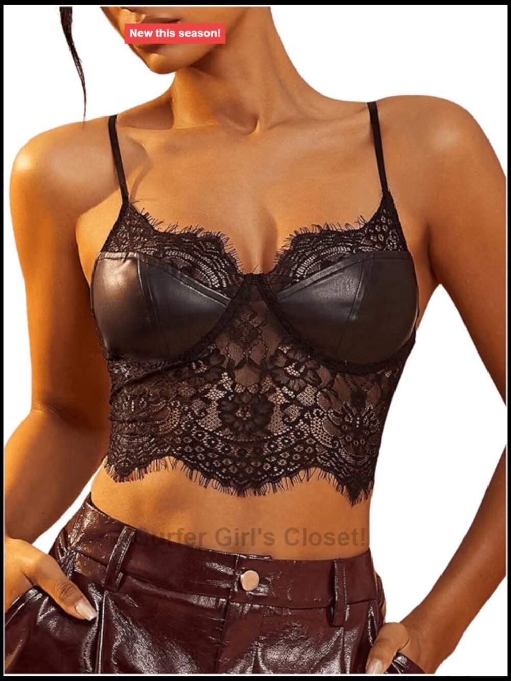 Women's PU Leather Lace Crop Y2K Sheer V Neck Spaghetti Strap Tank Top